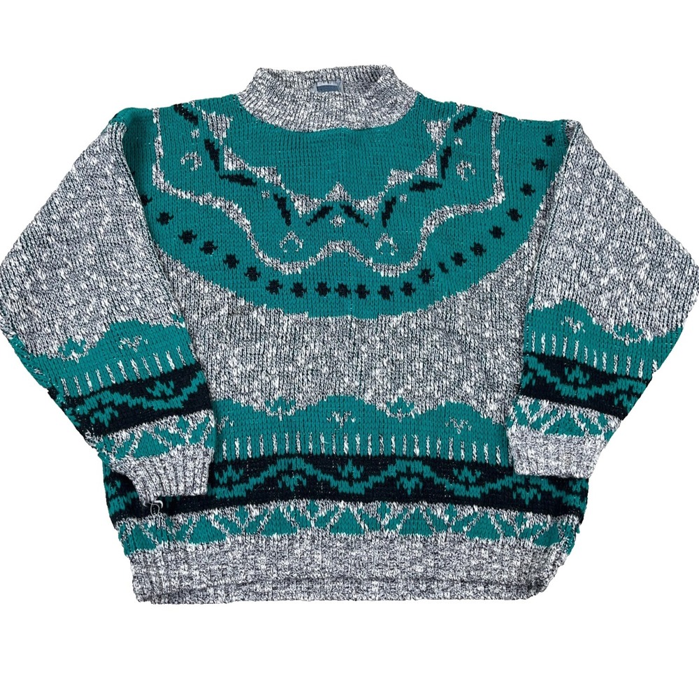 Vintage Grandpa Sweater Men Medium Tan Gray Green Nordic Geometric 80s 90s USA *
